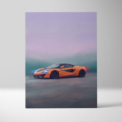 Mclaren 570s inspired canvas art featuring a vibrant orange sports car with black accents in premium wall decor