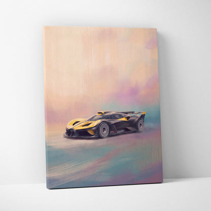 Bugatti bolide inspired automotive wall art featuring a sleek black and yellow hypercar on a pastel canvas print