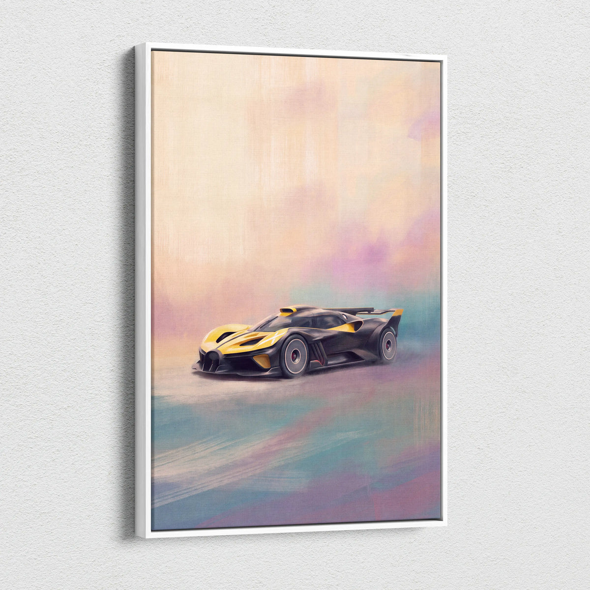 A framed luxury supercar canvas print of a black and yellow bugatti bolide hypercar in soft pastel tones