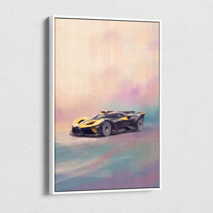 A framed luxury supercar canvas print of a black and yellow bugatti bolide hypercar in soft pastel tones