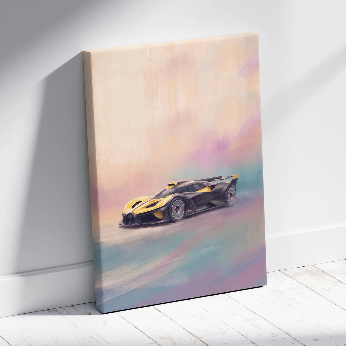 Bugatti bolide inspired automotive wall art featuring a sleek black and yellow hypercar on a pastel canvas print