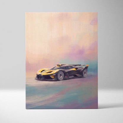 Bugatti bolide inspired automotive wall art featuring black and yellow hypercar with sleek aerodynamic design and bold racing stripes