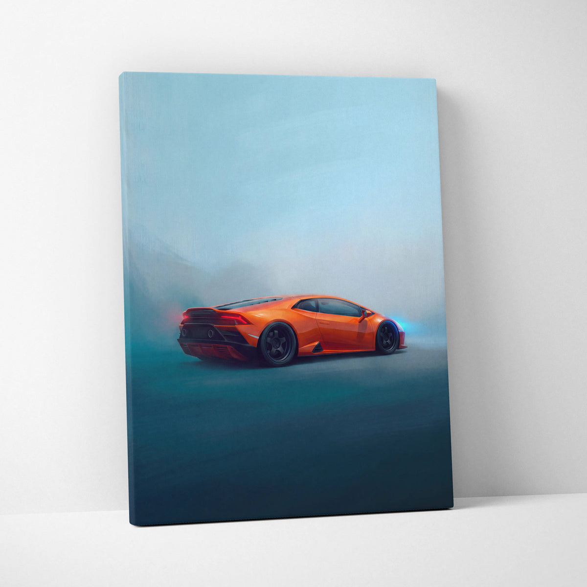 Vibrant orange lamborghini huracán inspired supercar canvas art print with misty atmospheric car design for wall decor