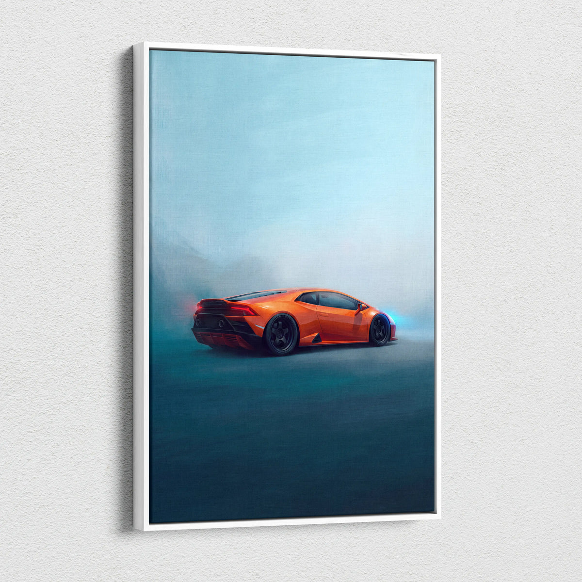 Orange Lamborghini Huracán sports car canvas art print with white frame for custom car wall decor