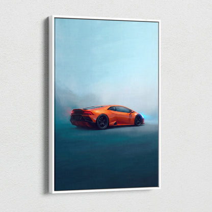 Orange Lamborghini Huracán sports car canvas art print with white frame for custom car wall decor