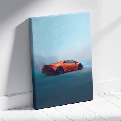 Orange Lamborghini Huracán inspired supercar canvas art print leaning against white wall for car wall decor