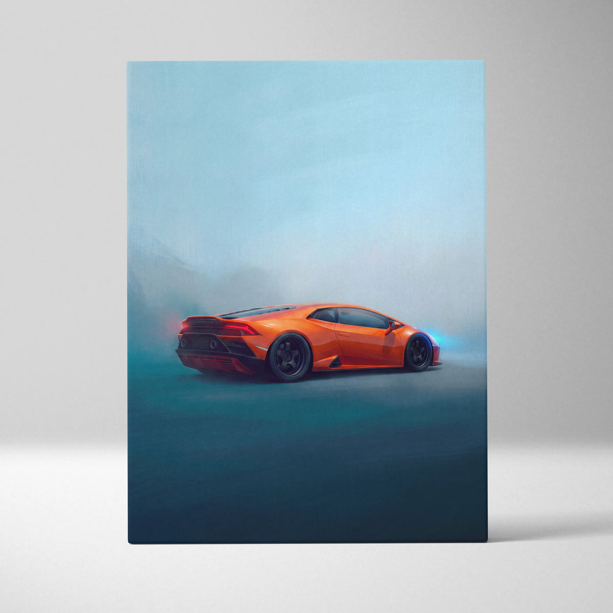 Vibrant orange Lamborghini Huracán inspired supercar canvas art print featuring a dynamic misty sports car scene