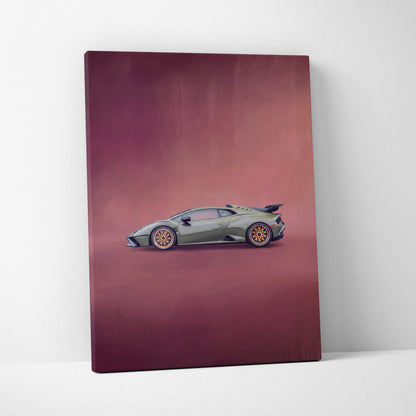Lamborghini Huracán STO inspired canvas art featuring an olive green car with gold rims on maroon background