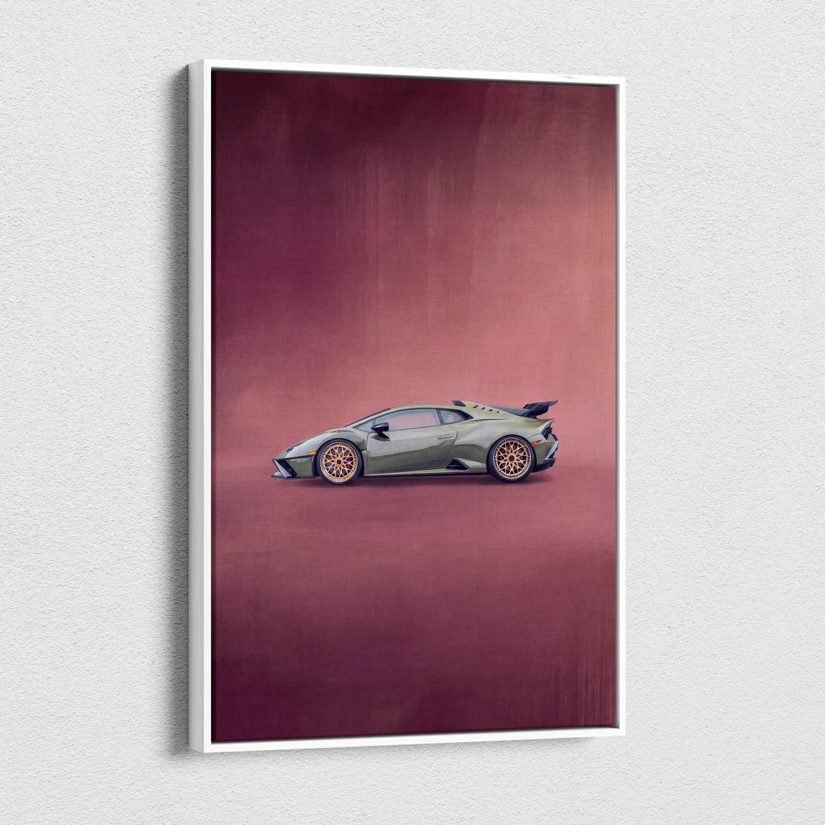 A framed canvas artwork of a matte olive green Lamborghini Huracán with gold alloy wheels on a maroon background