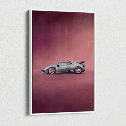 A framed canvas artwork of a matte olive green Lamborghini Huracán with gold alloy wheels on a maroon background
