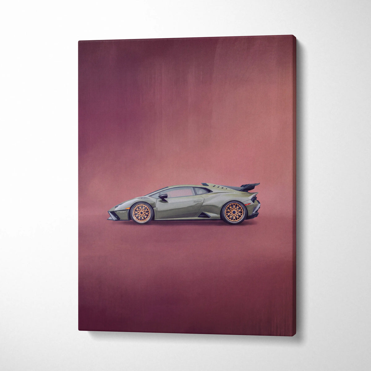 Olive green Lamborghini Huracán STO inspired canvas art with gold-rimmed wheels premium automotive wall decor