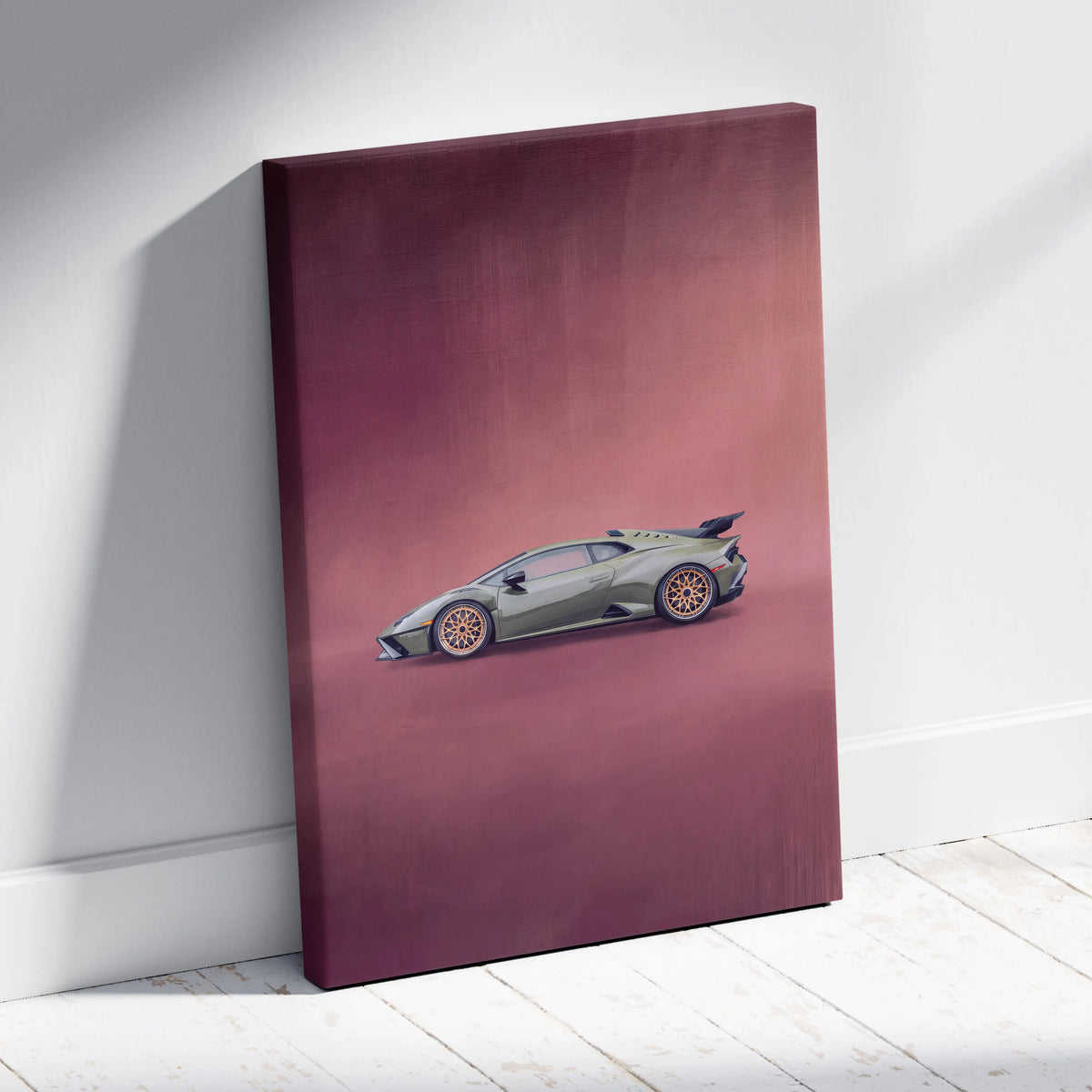 A canvas print of a sleek olive green Lamborghini Huracán with gold rimmed wheels on a maroon background