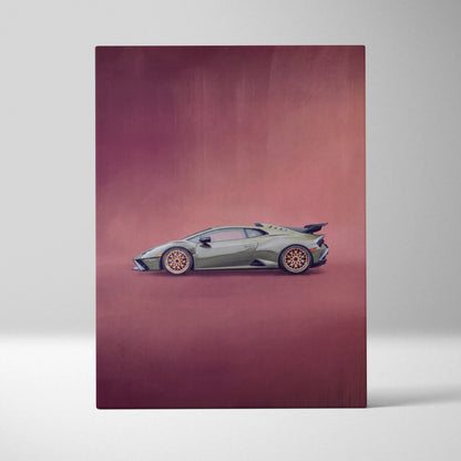 Olive green lamborghini huracán with gold alloy wheels and rear spoiler on premium automotive canvas wall decor