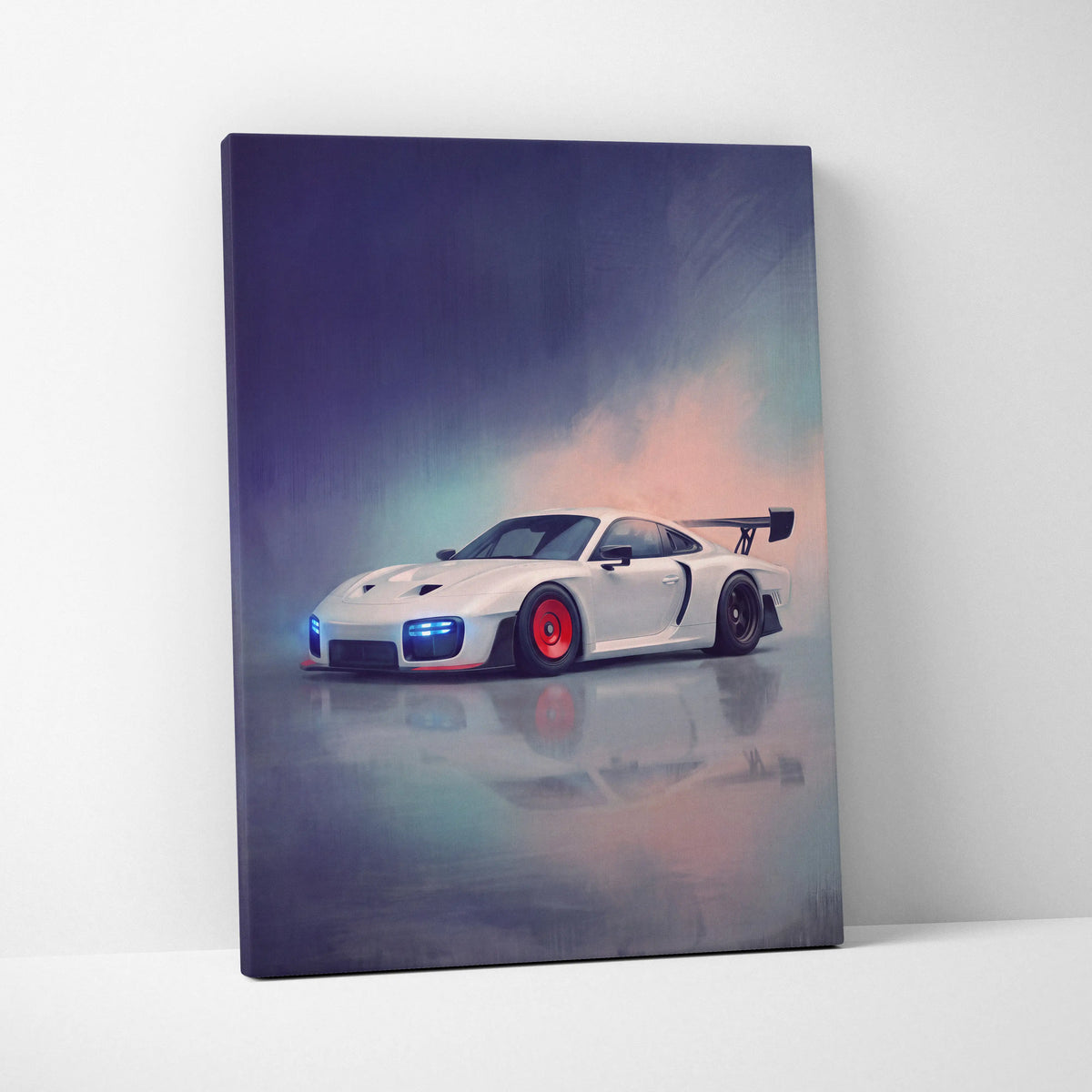 White porsche 911 with red rims and black rear wing on artistic canvas print porsche 935 inspired car wall art