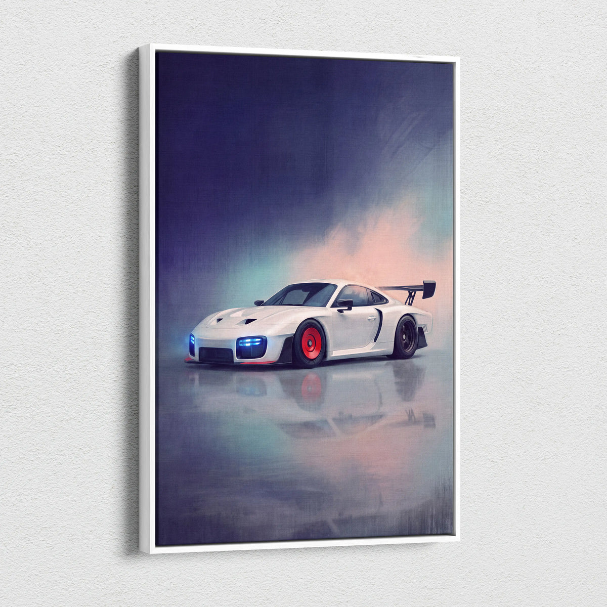White Porsche 911 R race car with red wheels and blue headlights in a dynamic Porsche 935 inspired canvas painting print