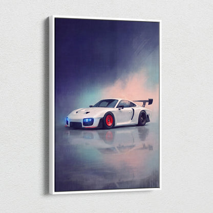 White Porsche 911 R race car with red wheels and blue headlights in a dynamic Porsche 935 inspired canvas painting print