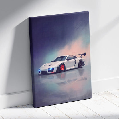White porsche 935 inspired sports car canvas print with red wheels and blue headlights against purple pink sky