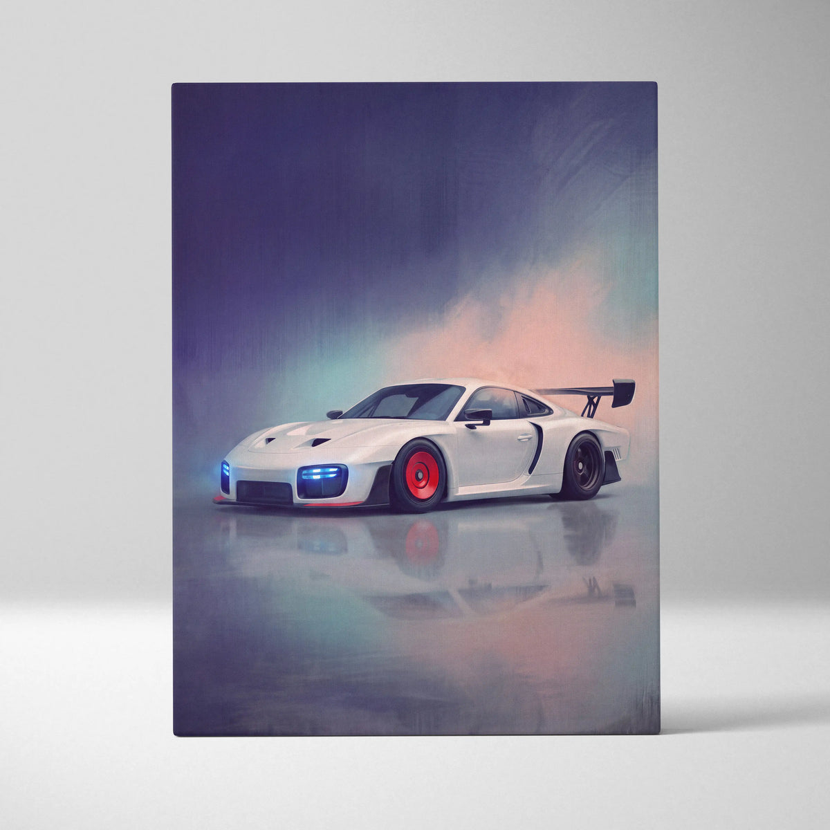 Porsche 935 inspired car wall art canvas painting featuring a white porsche 911 r race car with red rims and black spoiler