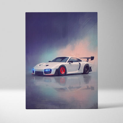 Porsche 935 inspired car wall art canvas painting featuring a white porsche 911 r race car with red rims and black spoiler