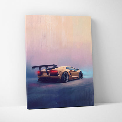 A canvas print of a golden lamborghini aventador with rear spoiler against a pink and blue gradient sky wall art