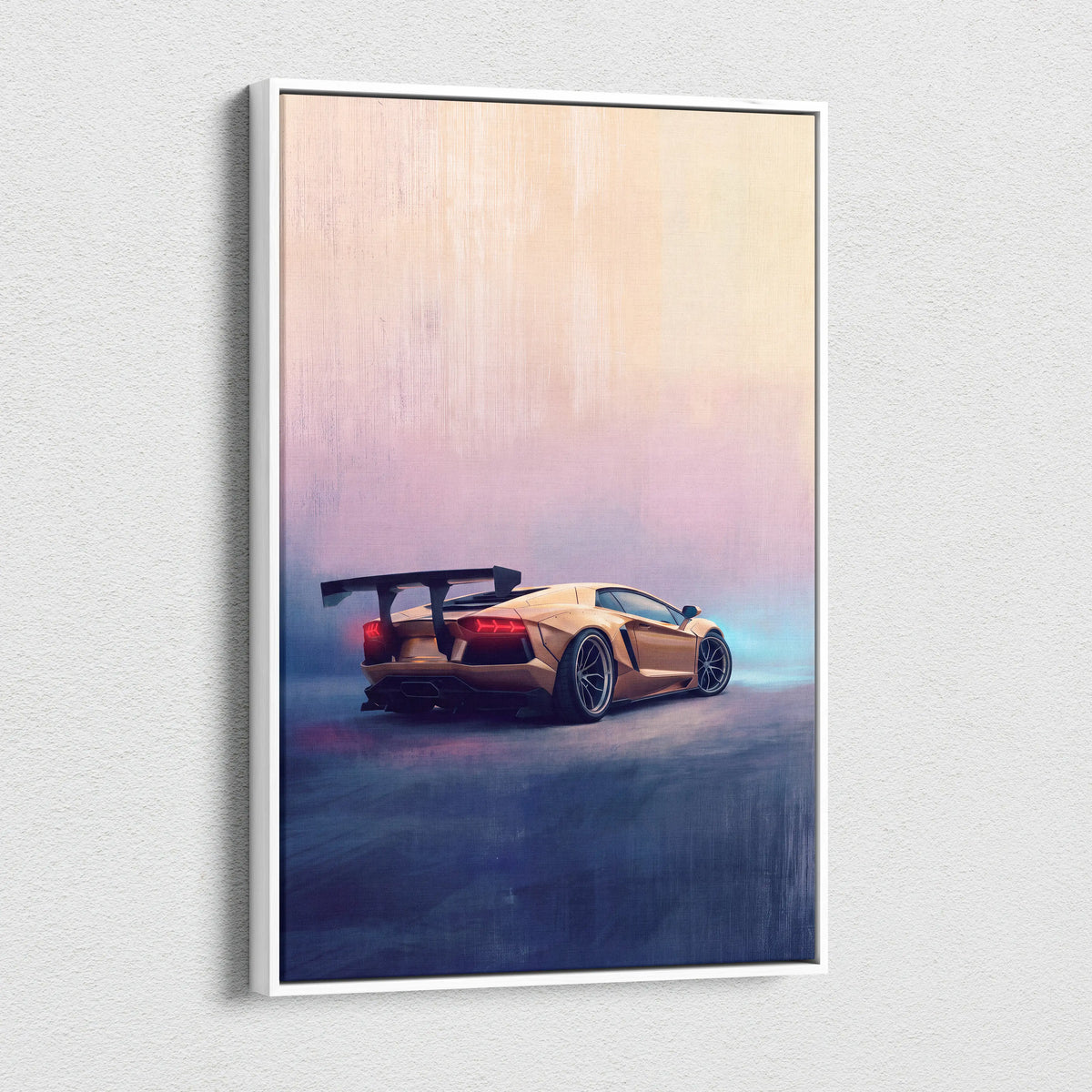 A framed canvas print of a golden Lamborghini Aventador with rear wing against a pink and blue gradient sky