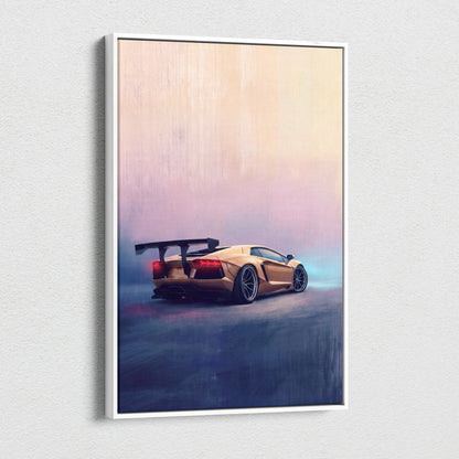 A framed canvas print of a golden Lamborghini Aventador with rear wing against a pink and blue gradient sky