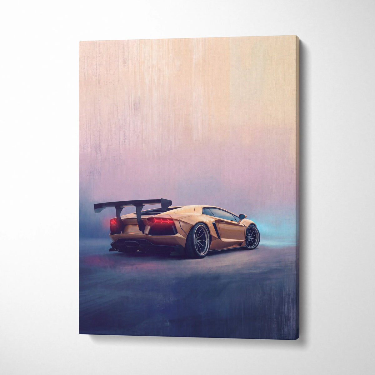 Golden lamborghini aventador inspired wall art canvas print showing the back with glowing red taillights and spoiler