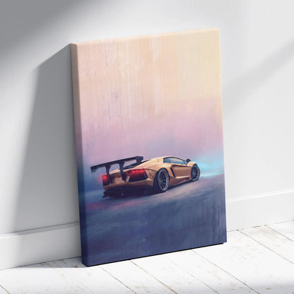 A canvas print of a golden lamborghini aventador with a rear wing against a pink and blue gradient sky wall art
