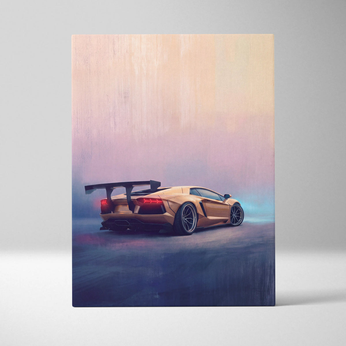 A golden Lamborghini Aventador inspired luxury supercar canvas print showing the back with glowing red taillights and rear spoiler