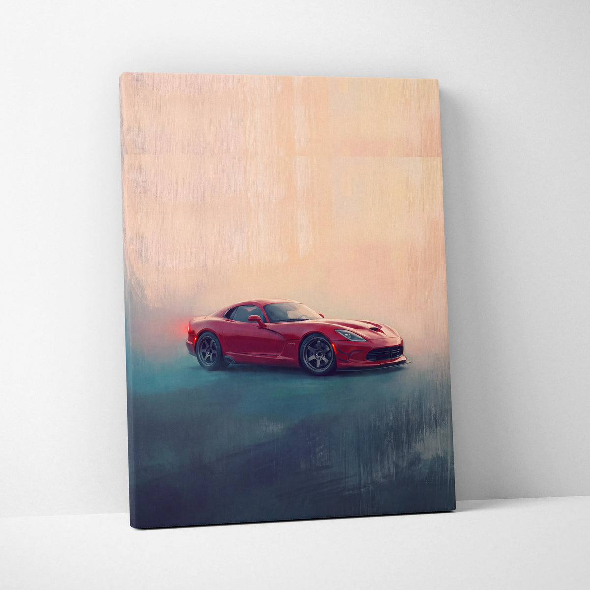 Dodge Viper SRT inspired canvas art featuring a red sports car on an abstract peach and teal background