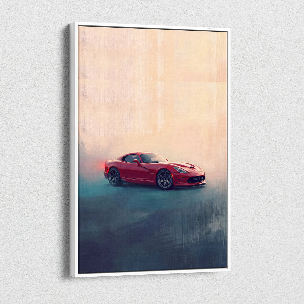Red dodge viper sports car stylized painterly canvas art in white frame premium automotive wall decor