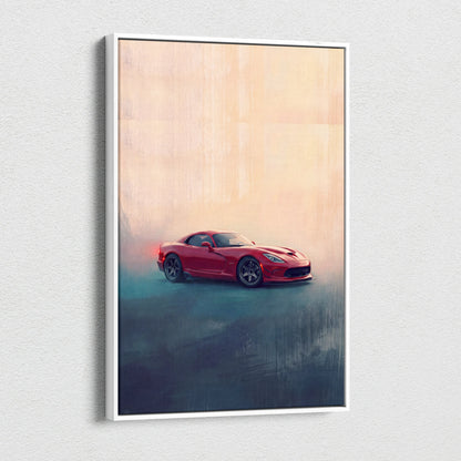Red dodge viper sports car stylized painterly canvas art in white frame premium automotive wall decor