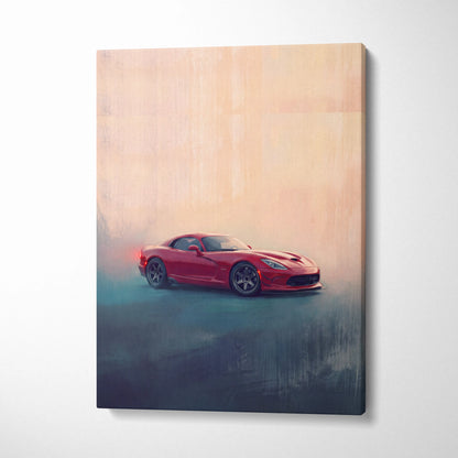 Dodge viper srt inspired red sports car canvas art featuring sleek aerodynamic design with black rims and glowing accents