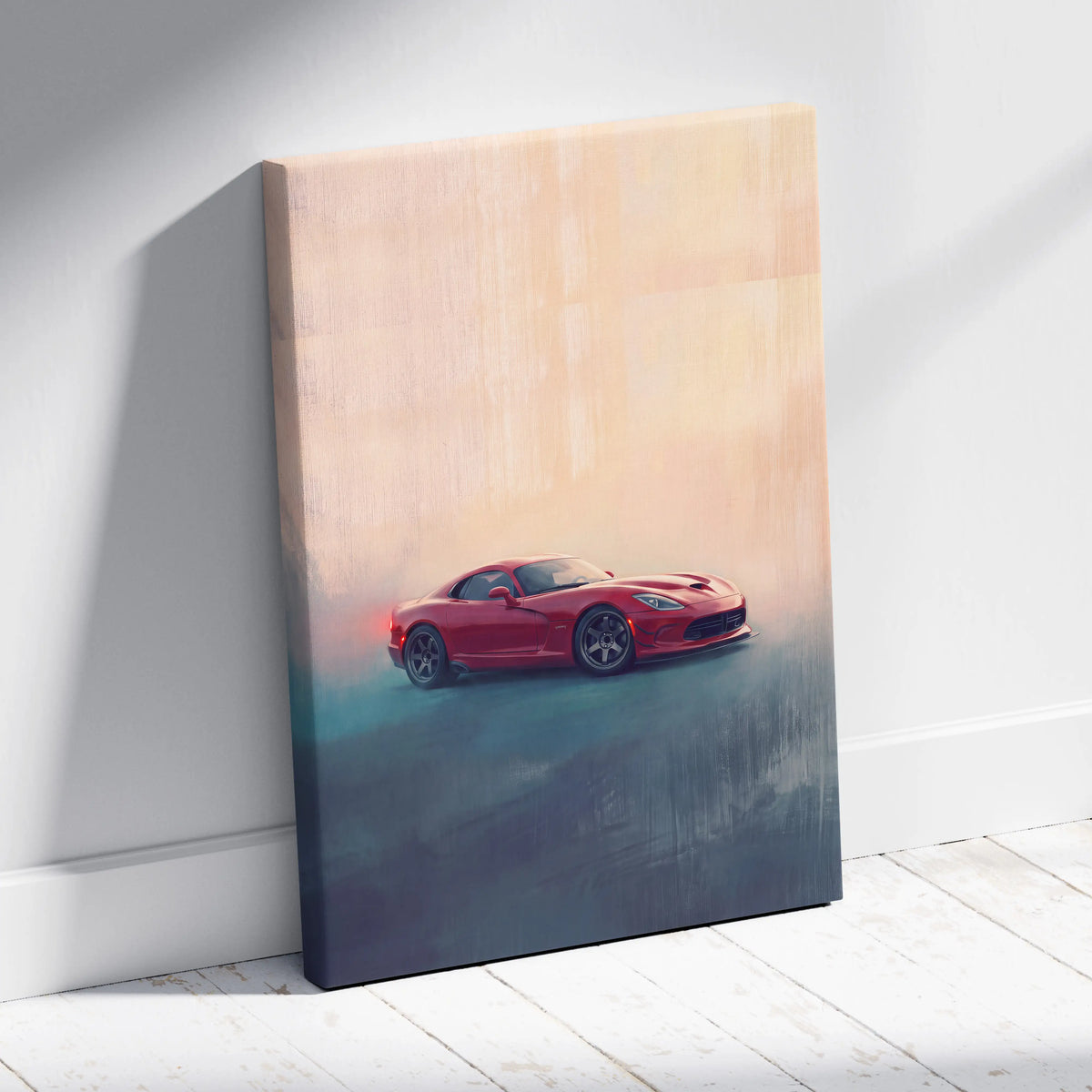 Red Dodge Viper sports car on premium canvas wall art inspired by Dodge Viper SRT for automotive decor
