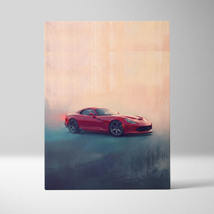 Red sports car in stylized painterly artwork on dodge viper srt inspired premium automotive canvas wall decor