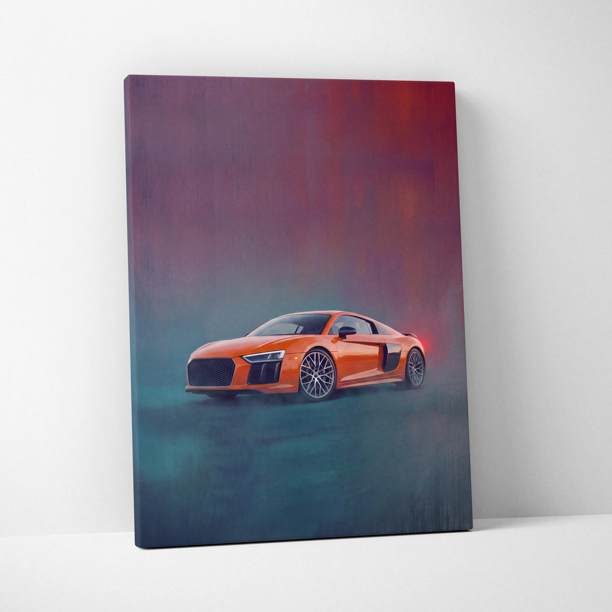 Vibrant orange audi r8 sports car in dynamic painterly style on stretched canvas wall art track edition print