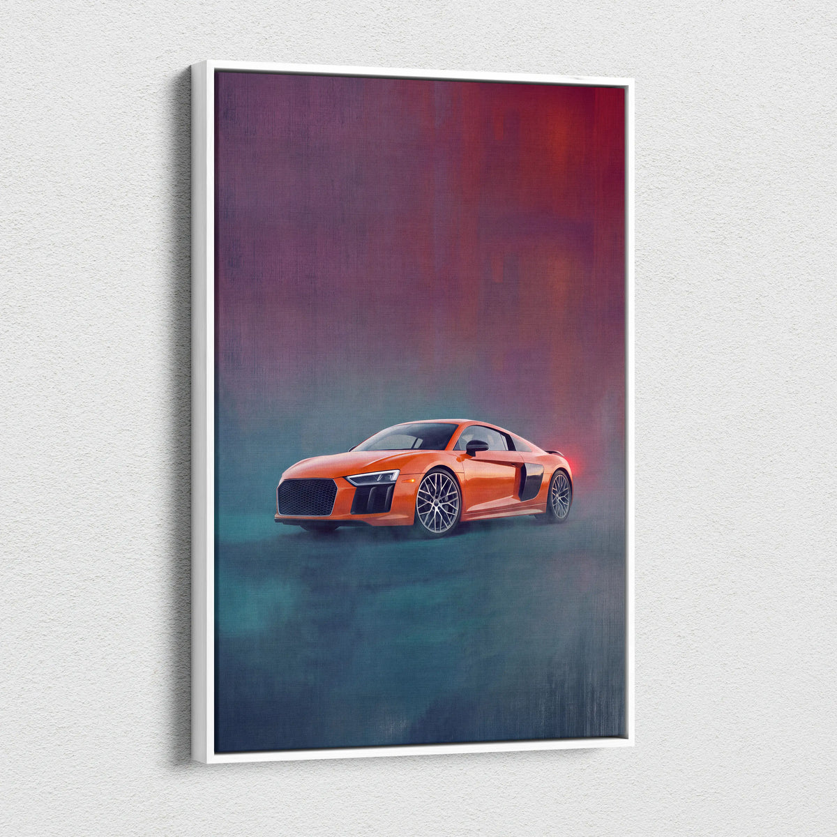 Orange audi r8 sports car wall art track edition canvas painting print in a white frame with stylized painterly design