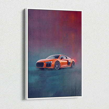 Orange audi r8 sports car wall art track edition canvas painting print in a white frame with stylized painterly design