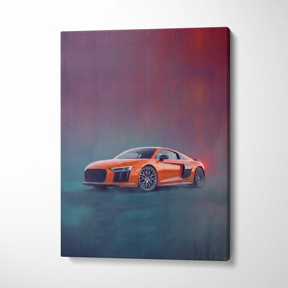 Vibrant orange Audi R8 inspired sports car wall art canvas painting print with sleek lines and glowing red taillights