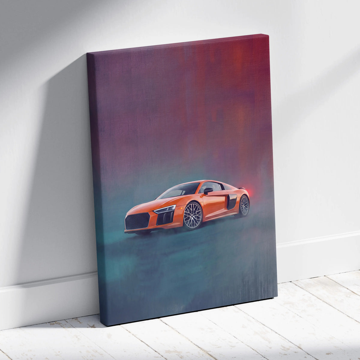 Orange audi r8 inspired car wall art canvas print with deep red to teal gradient background track edition design