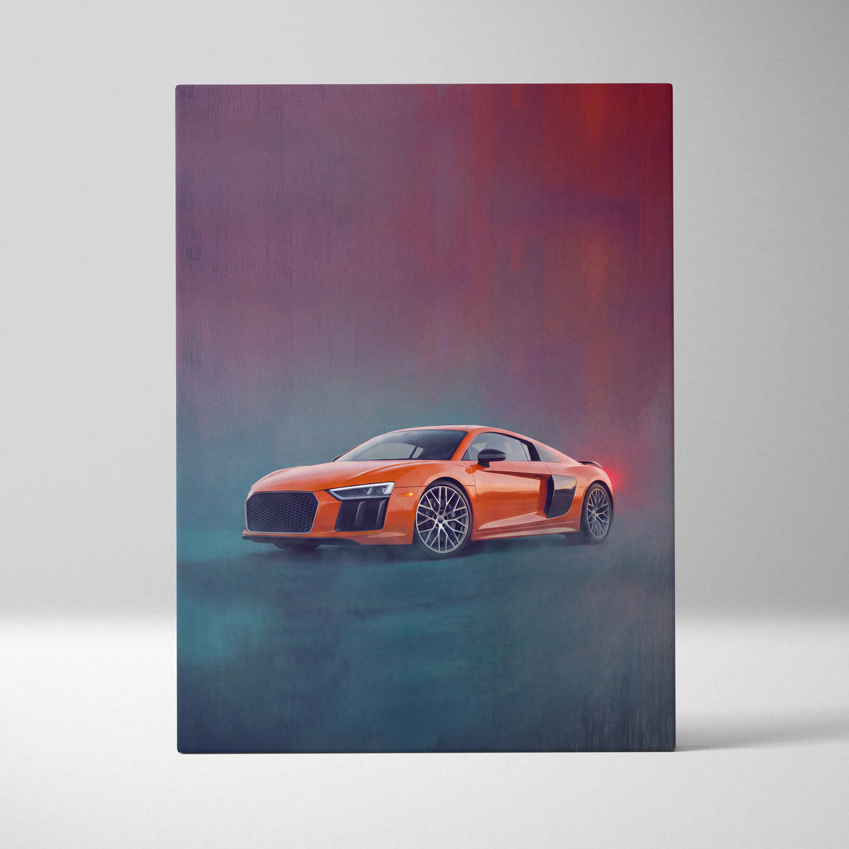 Vibrant orange Audi R8 inspired sports car wall art canvas painting print with sleek black accents and aerodynamic lines