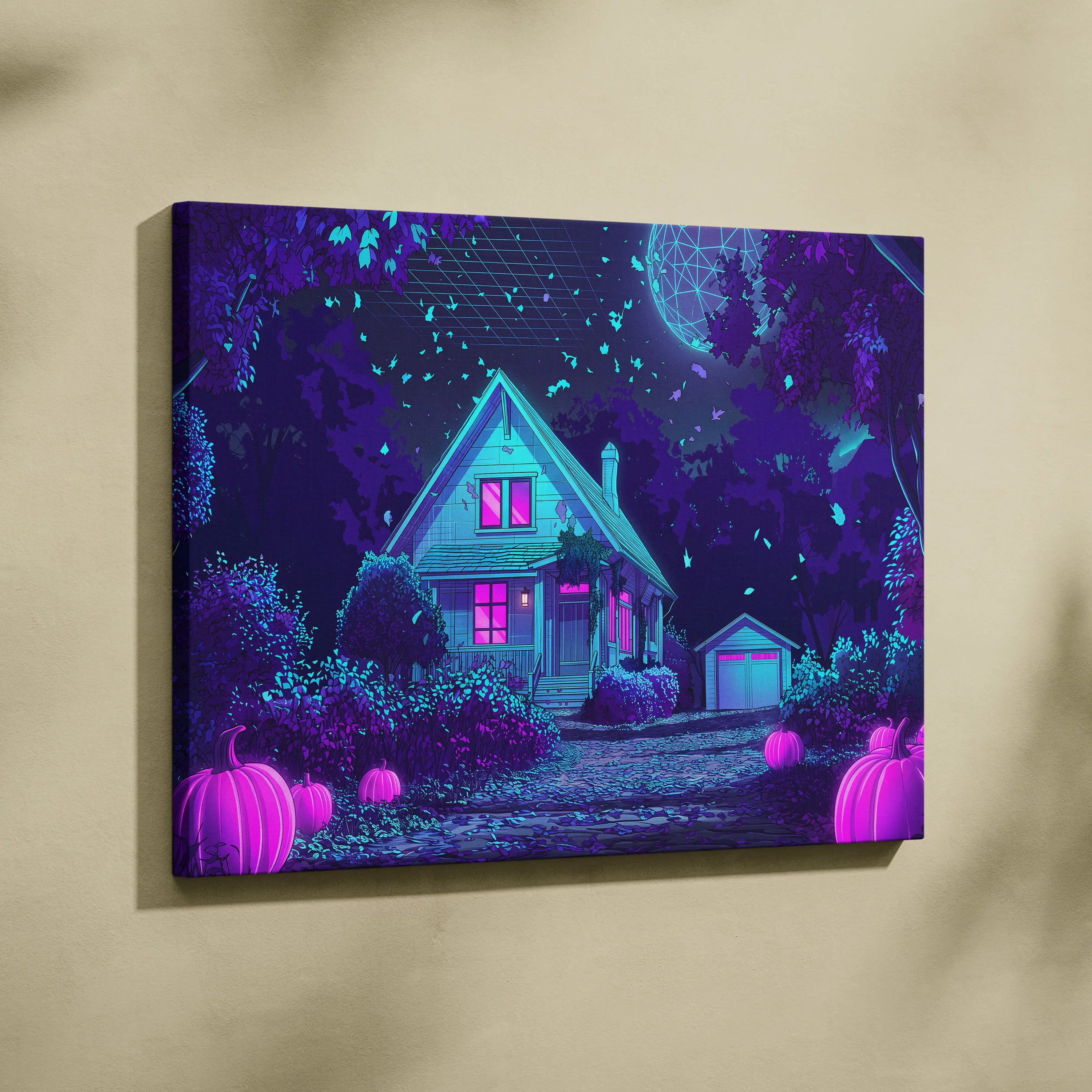 Neon Vaporwave Canvas Glow - Vaporwave Landscape Neon Blue Purple Living Room Retro Futurism Dreamy Vaporwave Canvas