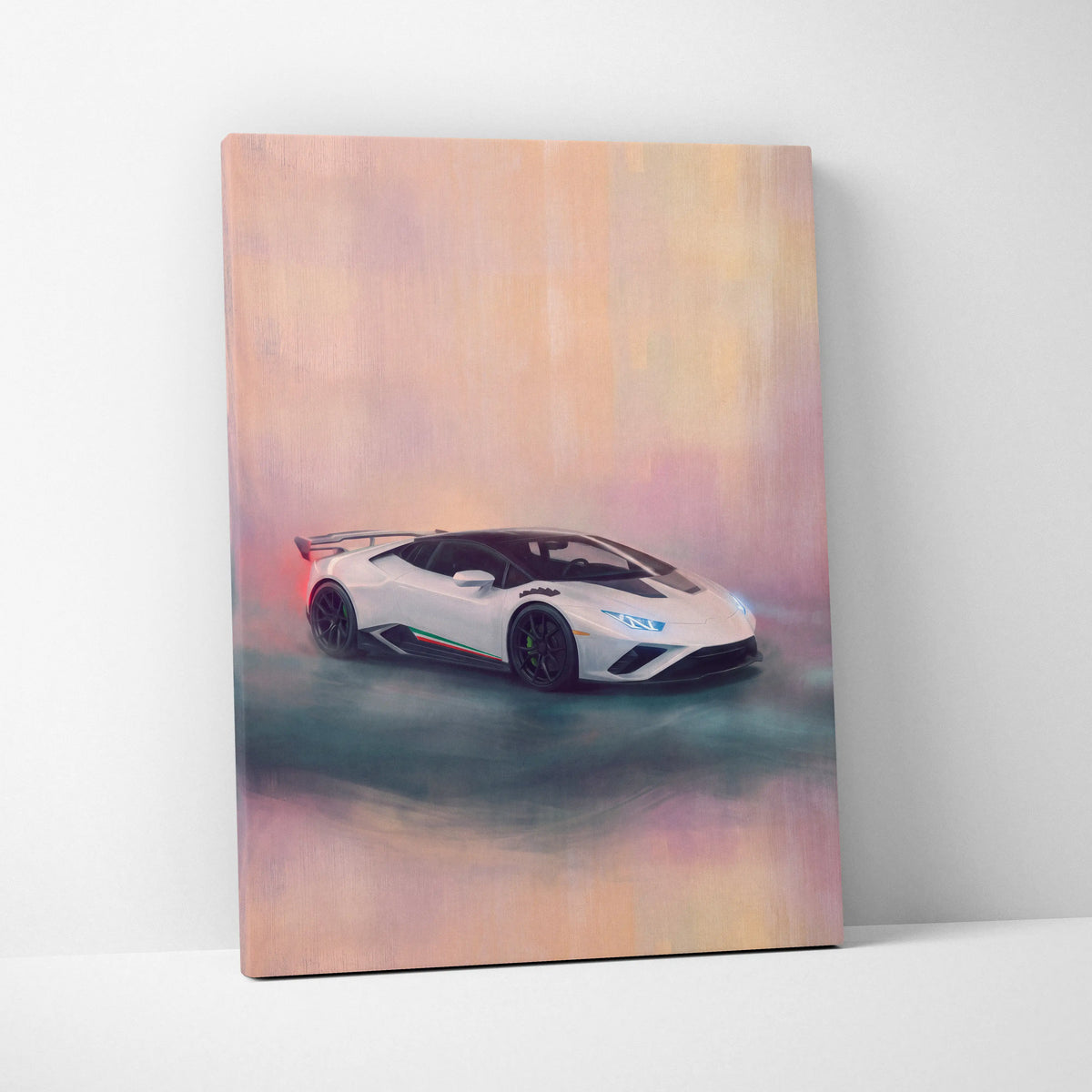 White lamborghini huracán sto inspired supercar canvas art featuring sleek aerodynamic design with italian tricolor accents