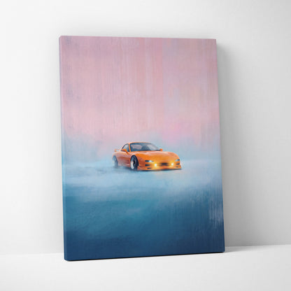 Vibrant orange mazda rx-7 inspired jdm sports car canvas print with a misty dreamlike scene for living room wall art