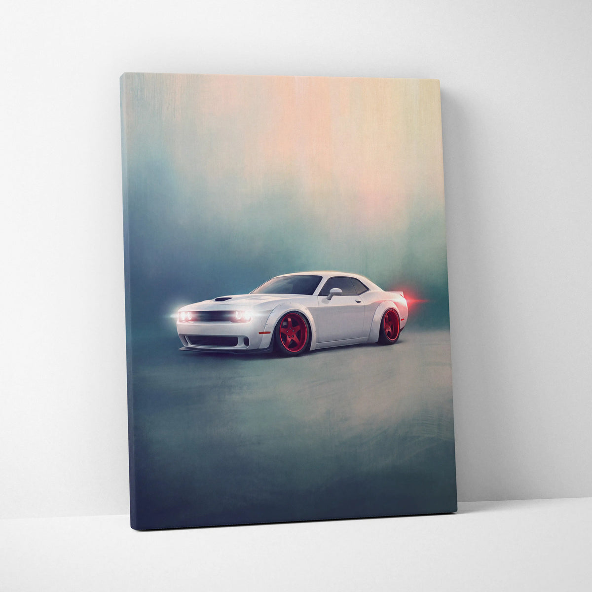 White dodge challenger widebody muscle car canvas print with red wheels and glowing headlights on misty background