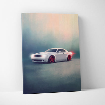 White dodge challenger widebody muscle car canvas print with red wheels and glowing headlights on misty background