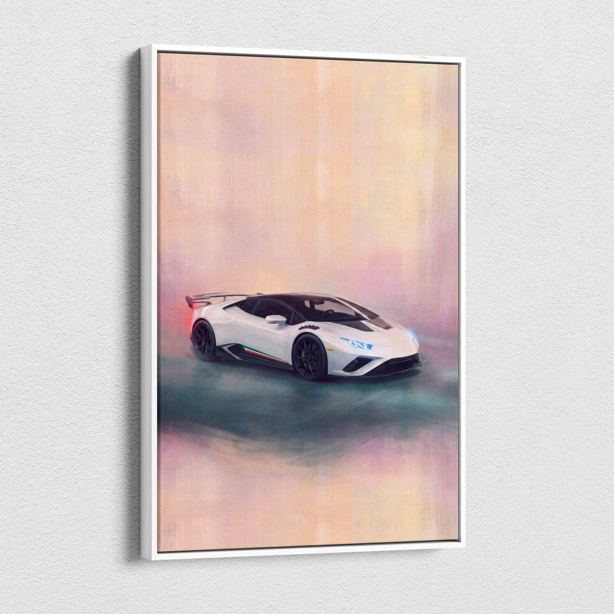 Lamborghini Huracán STO inspired supercar canvas art print featuring a white sports car with glowing blue headlights
