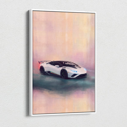 Lamborghini Huracán STO inspired supercar canvas art print featuring a white sports car with glowing blue headlights