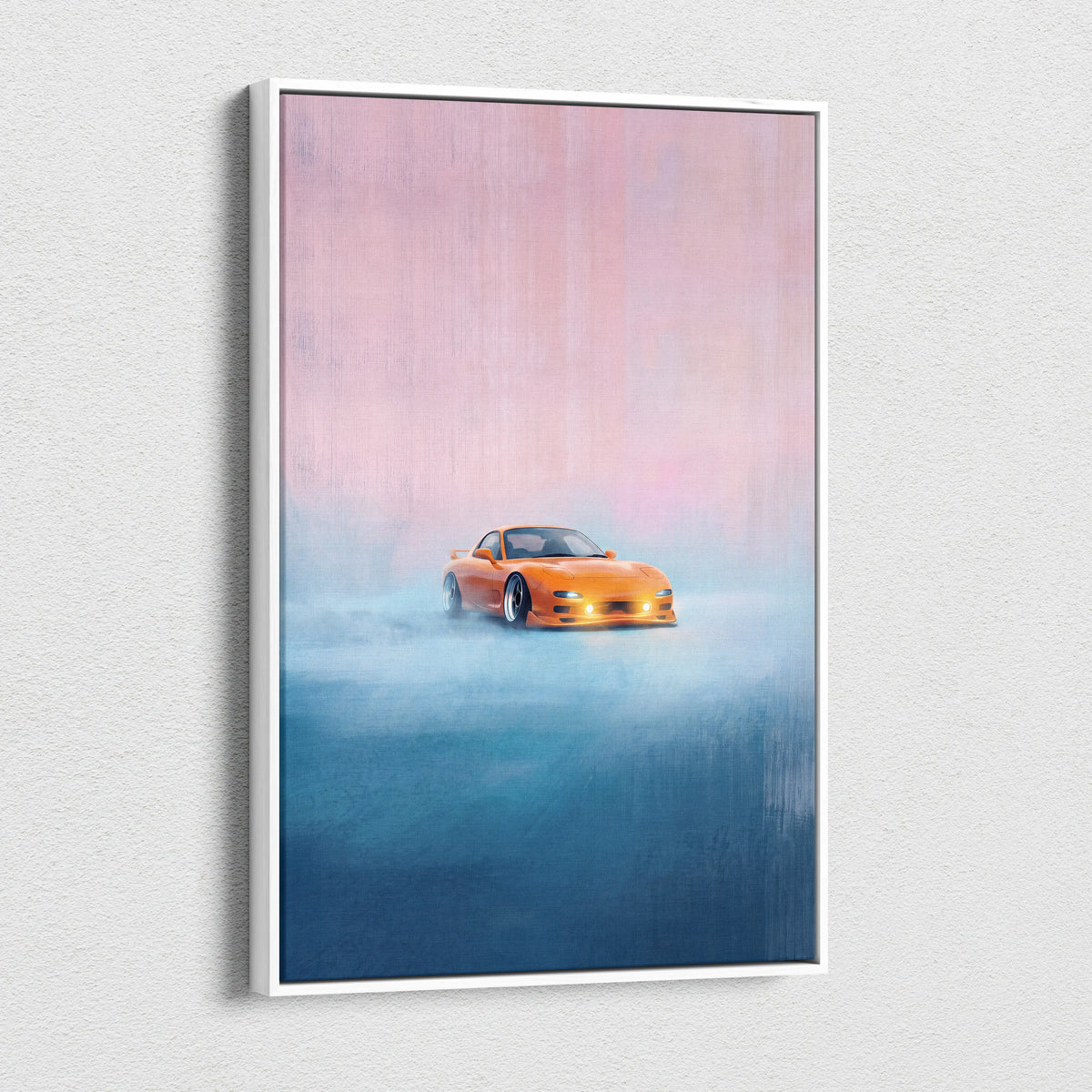 Orange mazda rx-7 inspired sports car canvas print wall art in white frame for living room decor