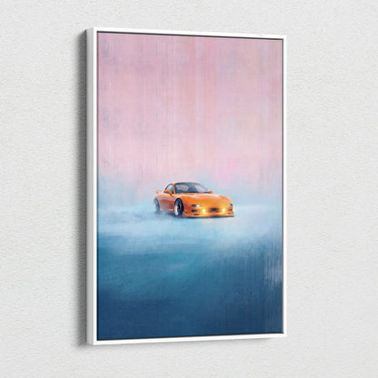 Orange mazda rx-7 inspired sports car canvas print wall art in white frame for living room decor